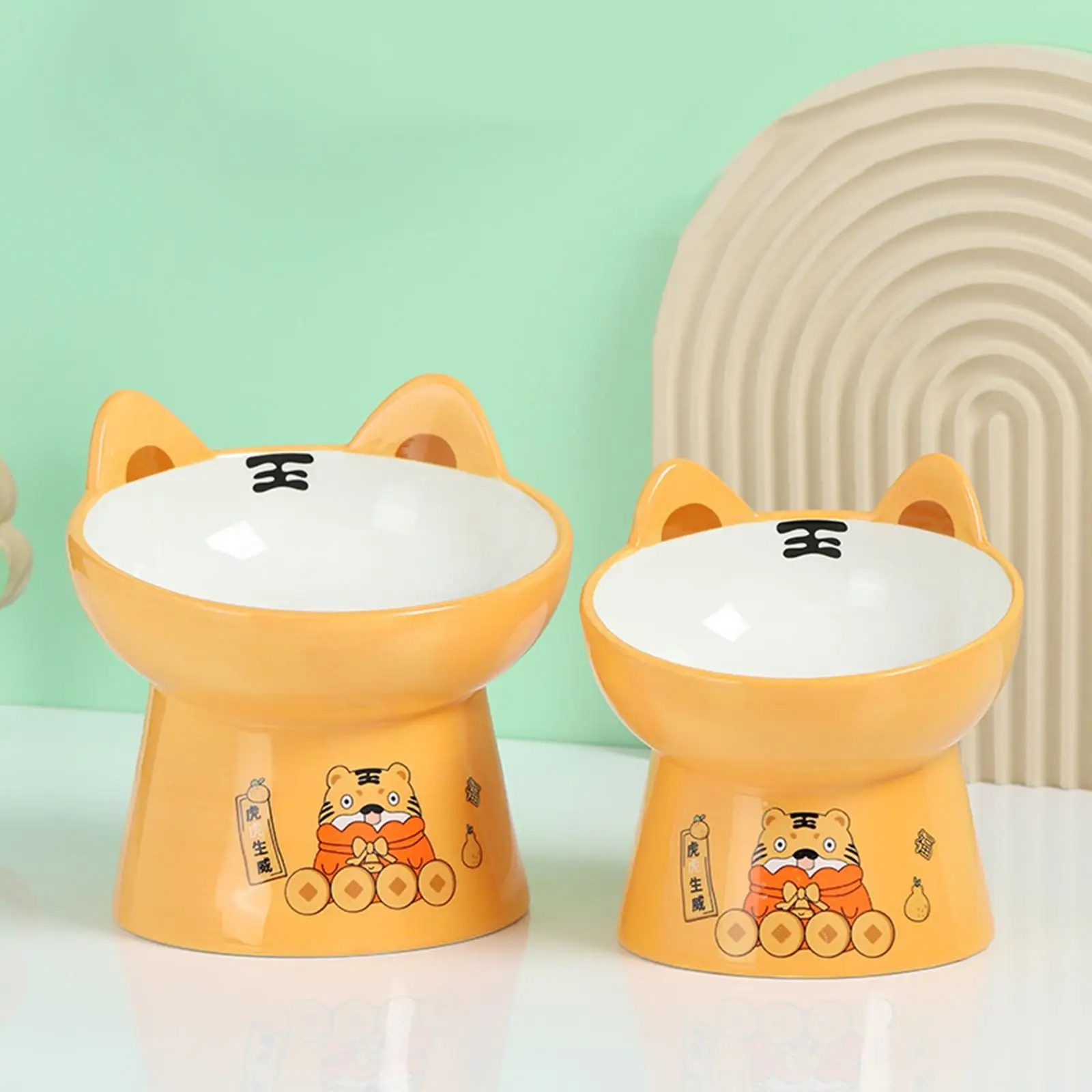 Ceramic Cat Bowl Cleaning Safe Tiger Shaped Cat Dishes Protect Cat`Spine Elevated Pet Food Bowls for Cat Small Dogs