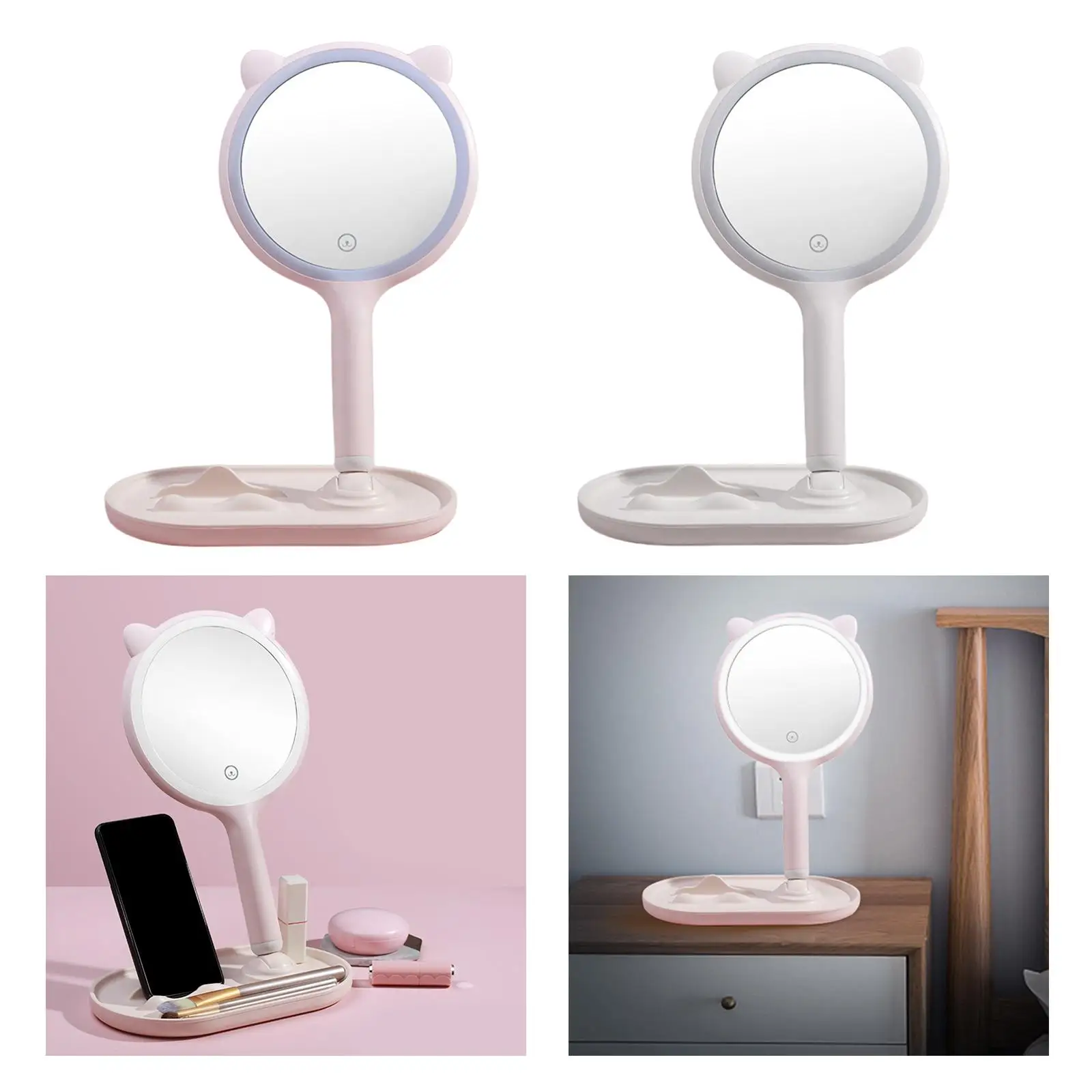 Cute LED Makeup Mirror Double-Side 3-Color Dimmable Touch Sensor Traveling