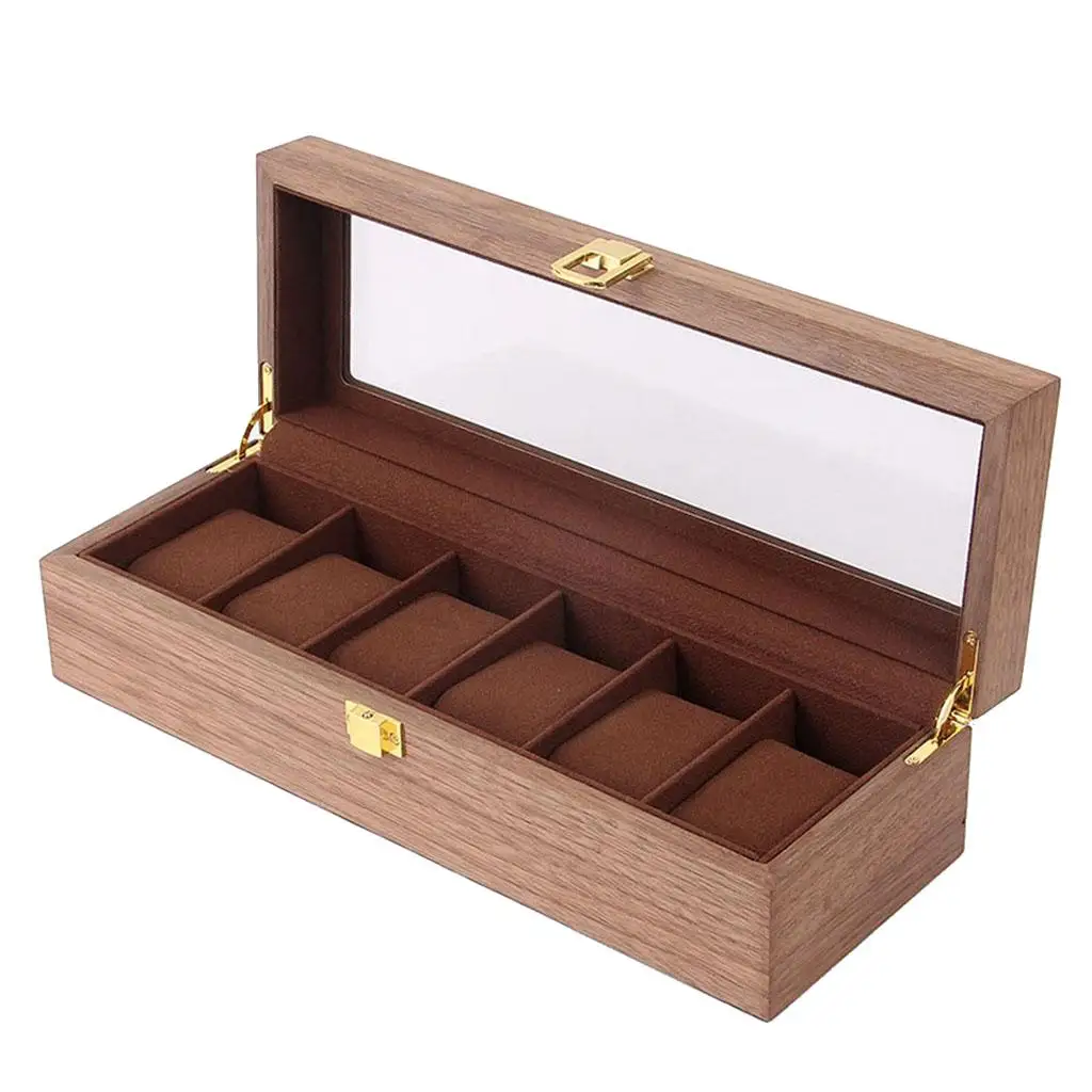 Wooden Case Organizer Display for Men Women, 6 Slots with Clear , Vintage Style