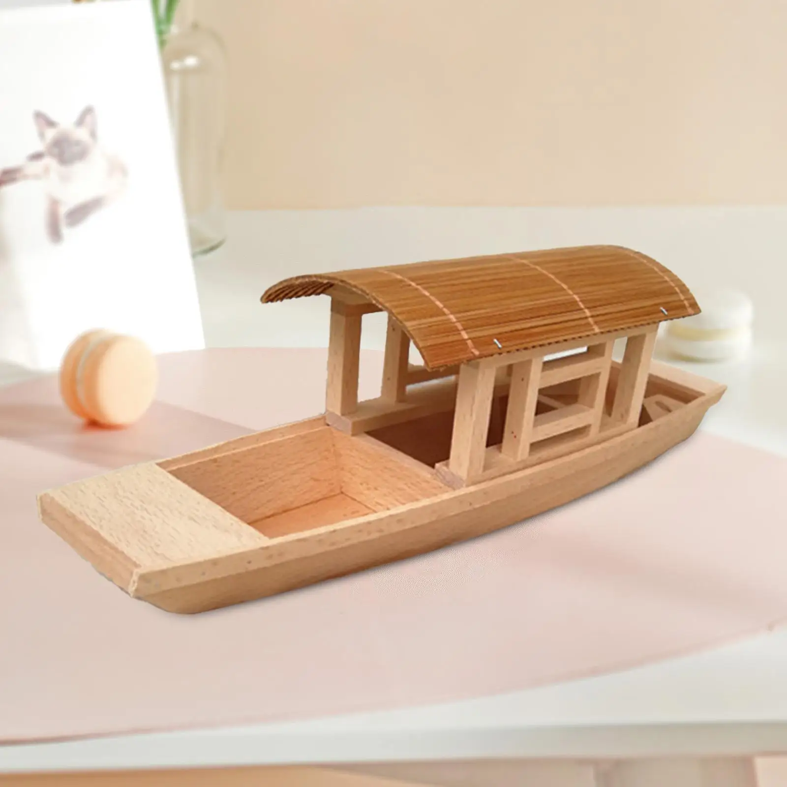 Wooden Awning Boat Mini Rowboat Toy Model for Desktop Shelf Decorations