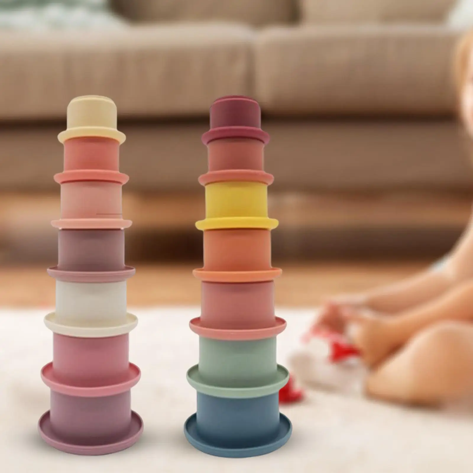 7Pcs Fun Stacking Cups Toy Learning Sorting and Building Blocks Silicone Montessori Stack up Cup for Boys Girls Toddler Baby