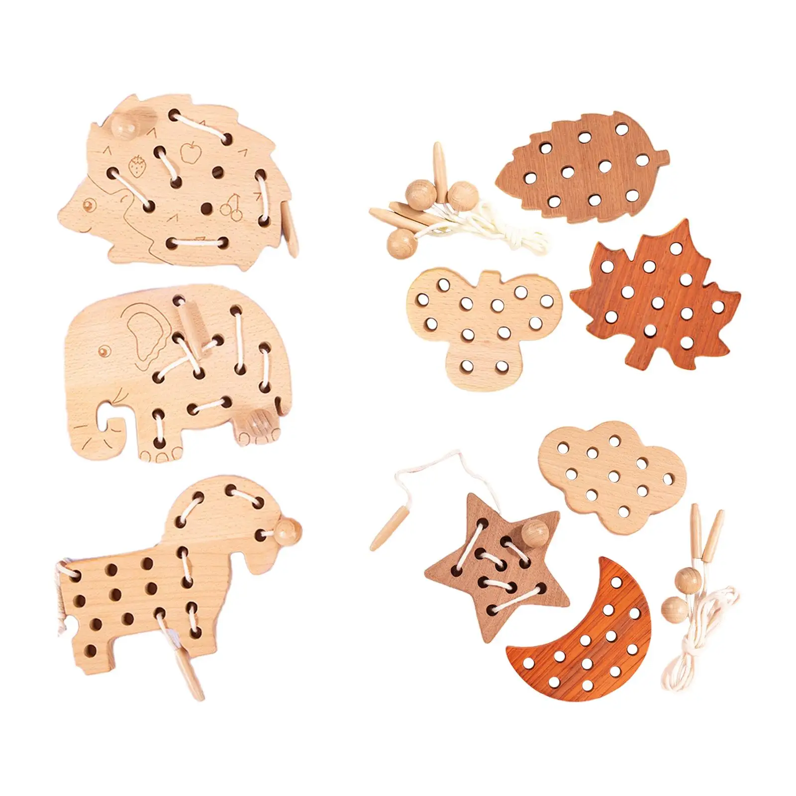 3Pcs Wooden Lacing Threading Toys Activities Board Wood Lace Block Puzzle for Car