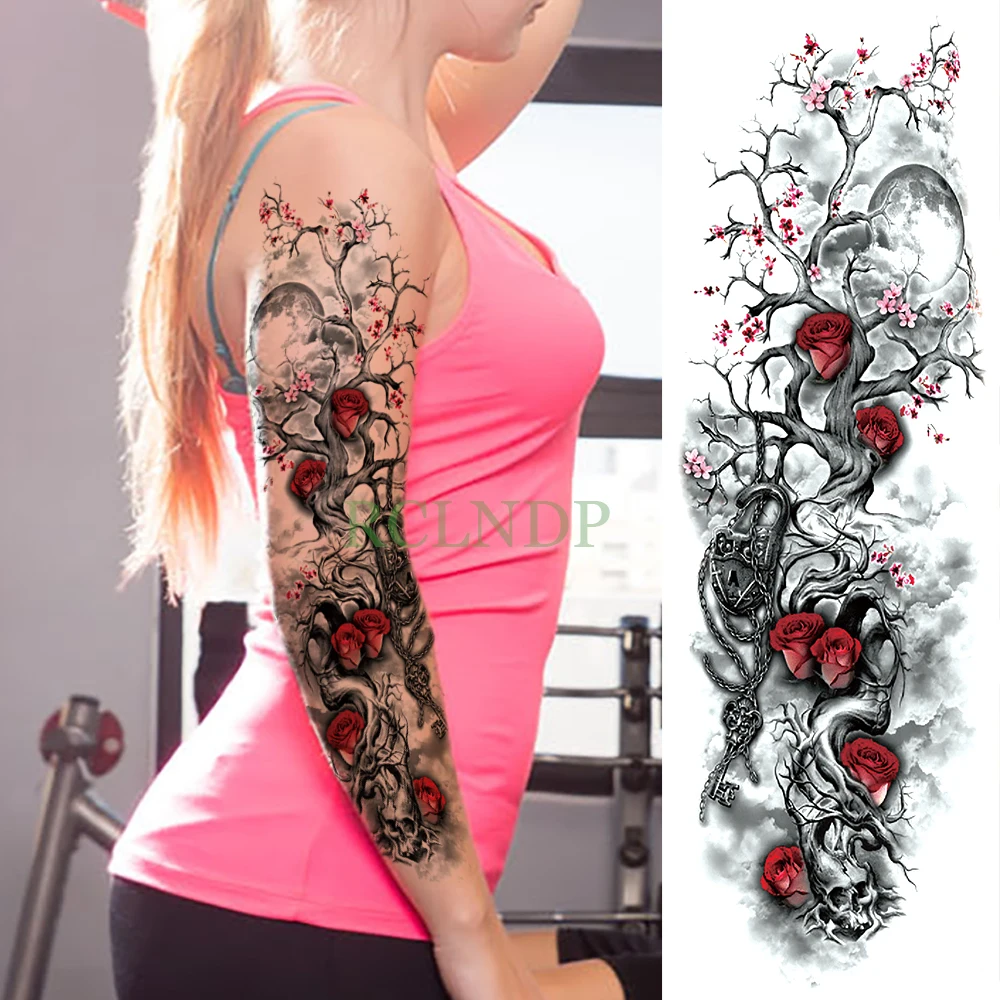Wasserdichter temporärer Tattoo-Aufkleber, Rose, Pflaumenblüte, voller Arm, Fake-Tattoo, Flash-Tattoo-Ärmel, große Größe für Männer, Frauen, Mädchen, Dame – Detail 2