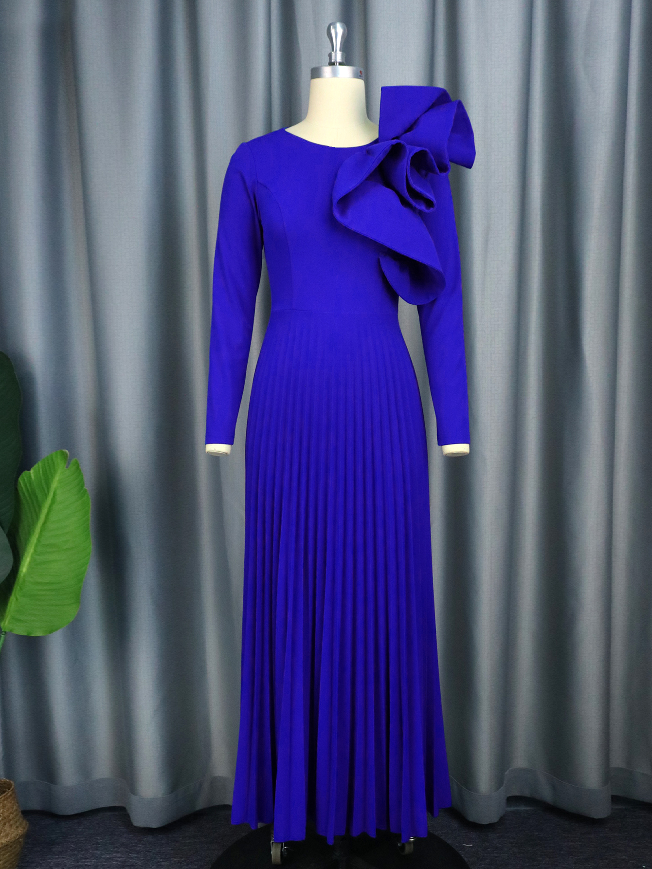 Blaue Falten kleider o Hals Langarm hohe Taille eine Linie knöchel langen Geburtstag Hochzeit Gast Abend Party Kleider für Frauen 2024 – Detail 4