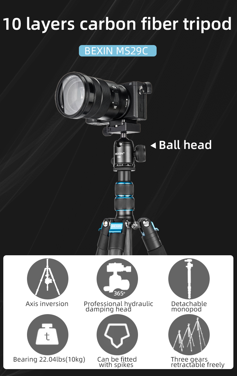 BEXIN Reise-Profi-Stativ Leichtes Carbonfaser-Einbeinstativ mit Kugelkopf für Canon Sony Nikon DSLR-Kameras – Detail 3