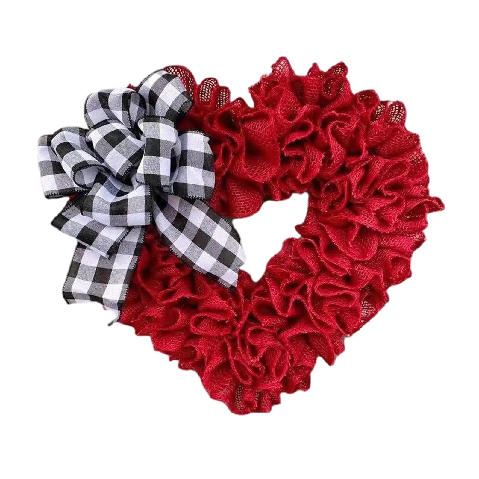 Red Heart Shaped Wreath 5.7in Plaid Bowknot Front Door Artificial Garland for Home Farmhouse Decoration