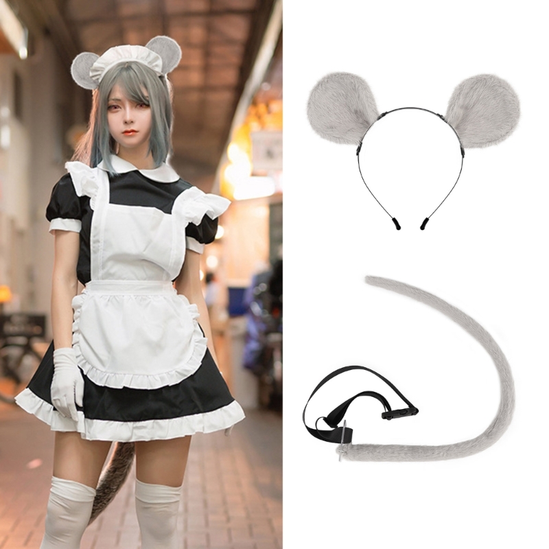 Q0KE Tier-Cosplay-Kostüme, Kunstfell, Maus, Katze, Fuchs, Wolf, pelziger Schwanz und Ohren, Stirnband für Halloween, Party – Detail 2