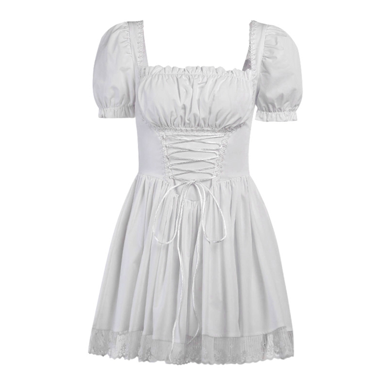 Süßes A-Linien-Kleid mit Puffärmeln für Damen, Sommer, Fairycore, Lolita, einfarbig, Bandage, Spitzenbesatz, kurze Kleider für Halloween-Party – Detail 2