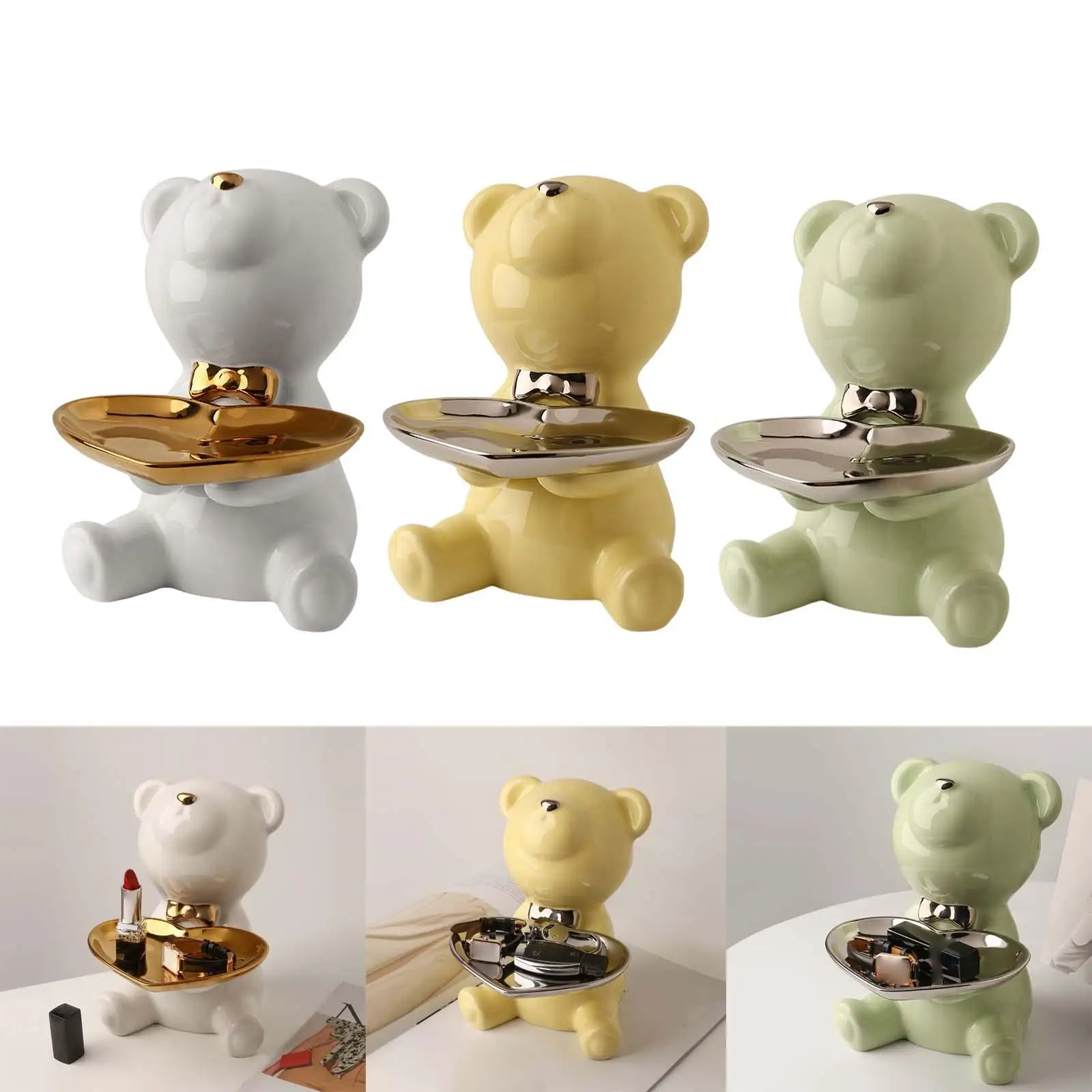 Bear Statue Storage Tray Key Holder Desk Organizer Animal Sculpture Figurine for Restaurant Office Apartment Decor Ornaments