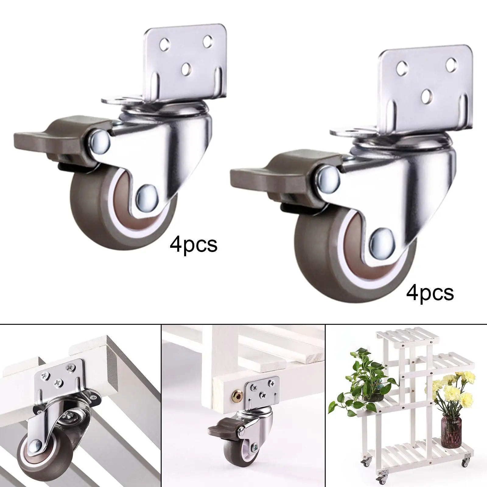 4Pcs L Shaped Plate Swivel Caster Rubber Wheel Mute with Brake Side Mounted for Furniture Carts Trolley Baby Bed Kitchen Cabinet