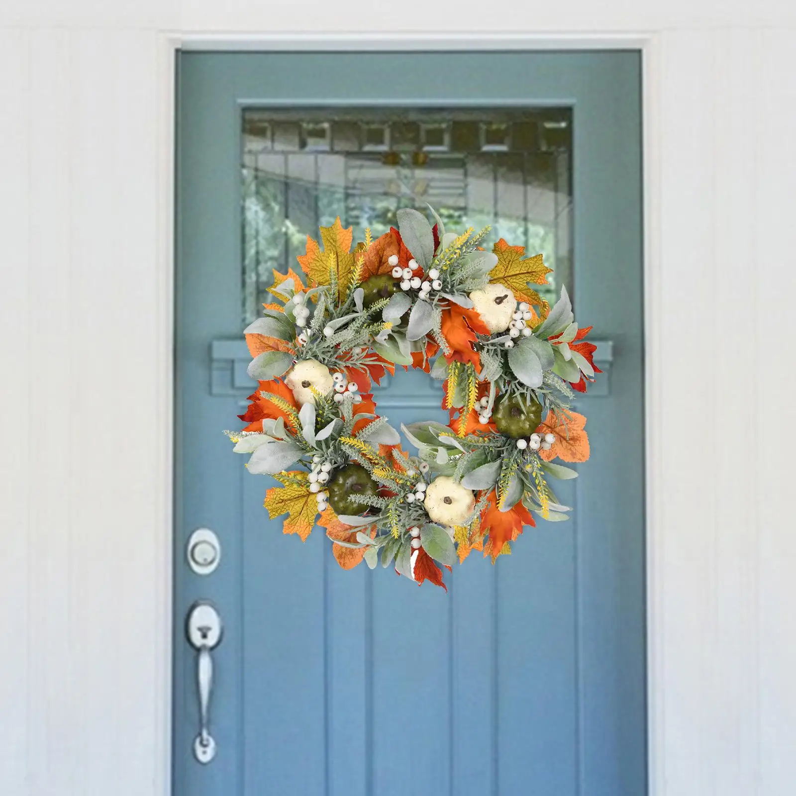 Autumn Wreath 17.72`` Ornament Garland with Pumpkin Leaves Harvest Wreath for Holiday Porch Indoor Outdoor Garden Decor