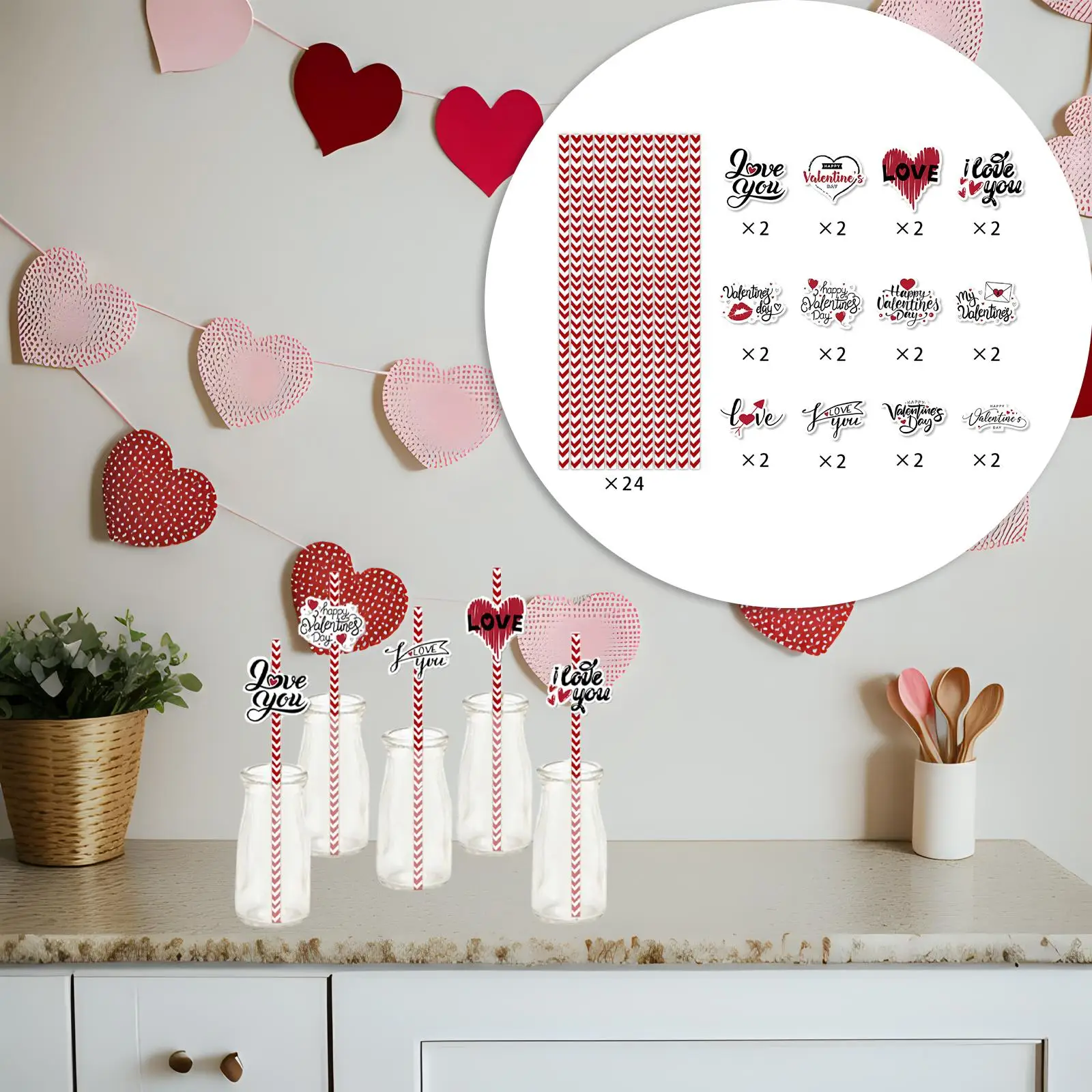 24Pcs Valentines Day Paper Straws Funny Drinking Accessories Drinking Straws for Family Anniversary Wedding Festival New Year