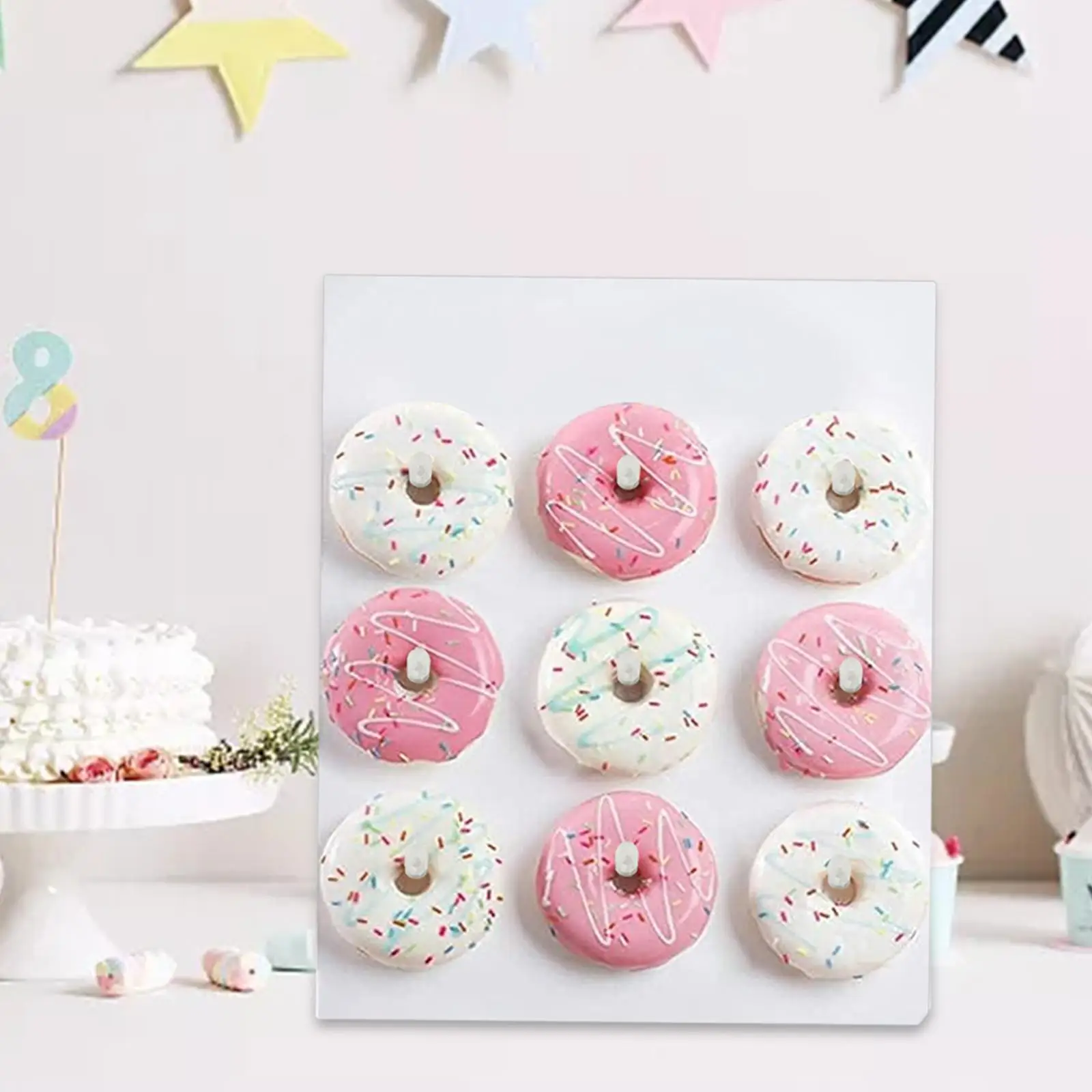 Donut Wall 9 Doughnuts Party Decorations White Donut Display Stand Reusable for Dessert Table Supplies Gathering Treat Holiday