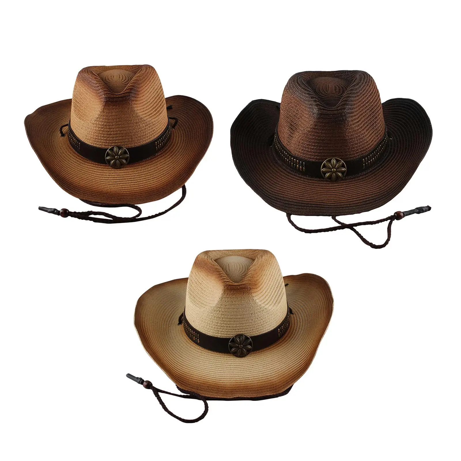 Women and Men Western Style Cow boy Hat Wide Brim Panama Cowgirl Hat with Lanyard with Buckle Sun Hat Fashionable for Travel