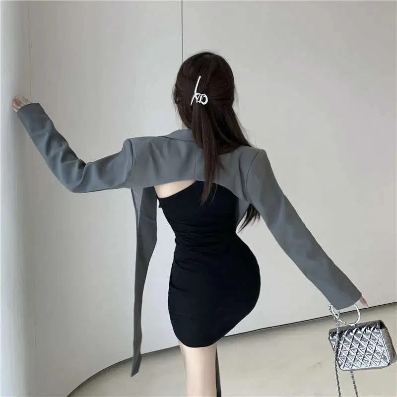 feminino novo sexy sem costas cinza moda vintage chique coreano blazers elegante manga longa blazer outwear entalhado streetwear