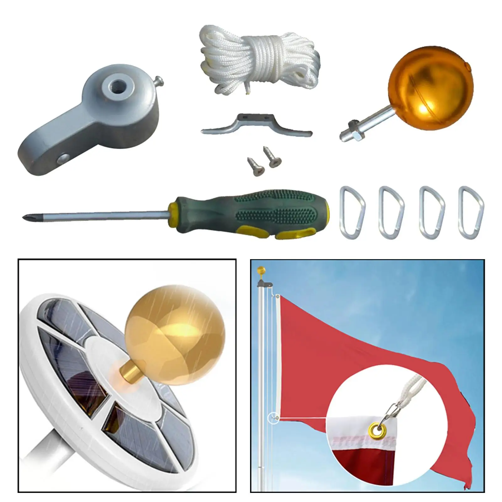 Flagpole Accessories, Flag Pole Repair Kit Repair Kits, Pulley Gold Ball, Cleat Clip Screws Decor, Braided Rope, Screws Premium