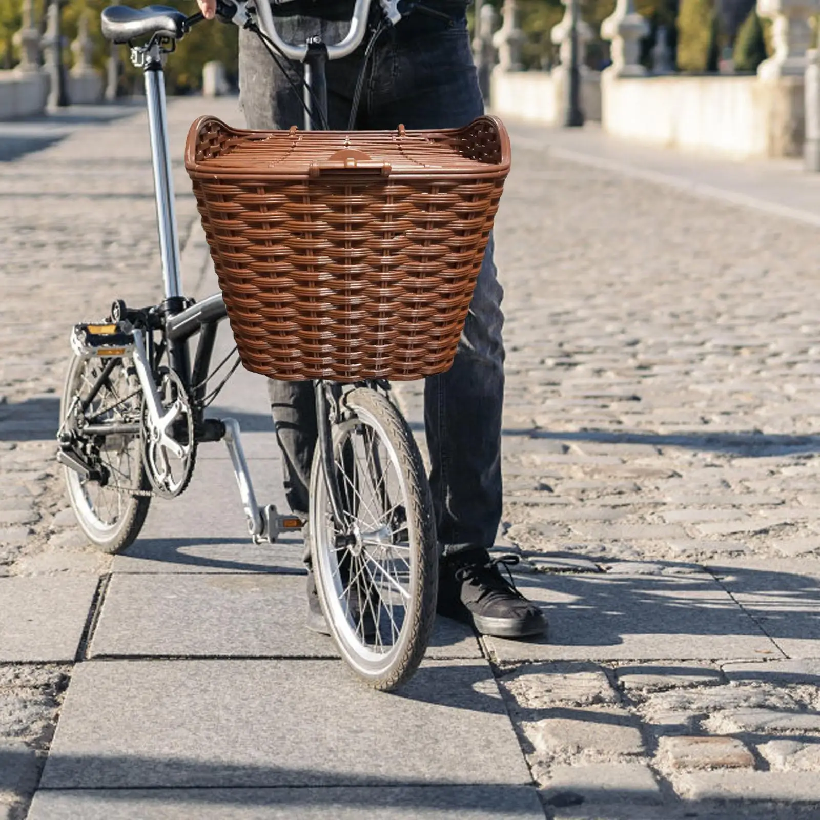 Bike Basket with Lid Detachable Durable Retro Style Electric Vehicle Basket Bicycle Handlebar Storage Basket Accessories