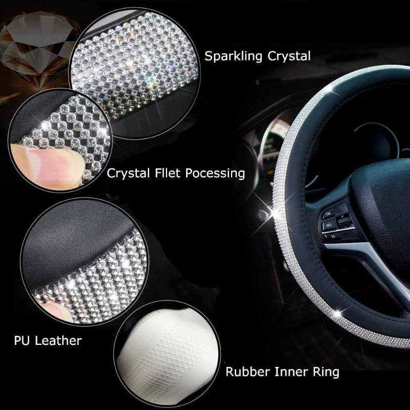 Strass Auto Lenkrad Abdeckung Leder Bling Kristall Diamant Lenkrad Schutz Auto Innen Dekoration Zubehör – Detail 5