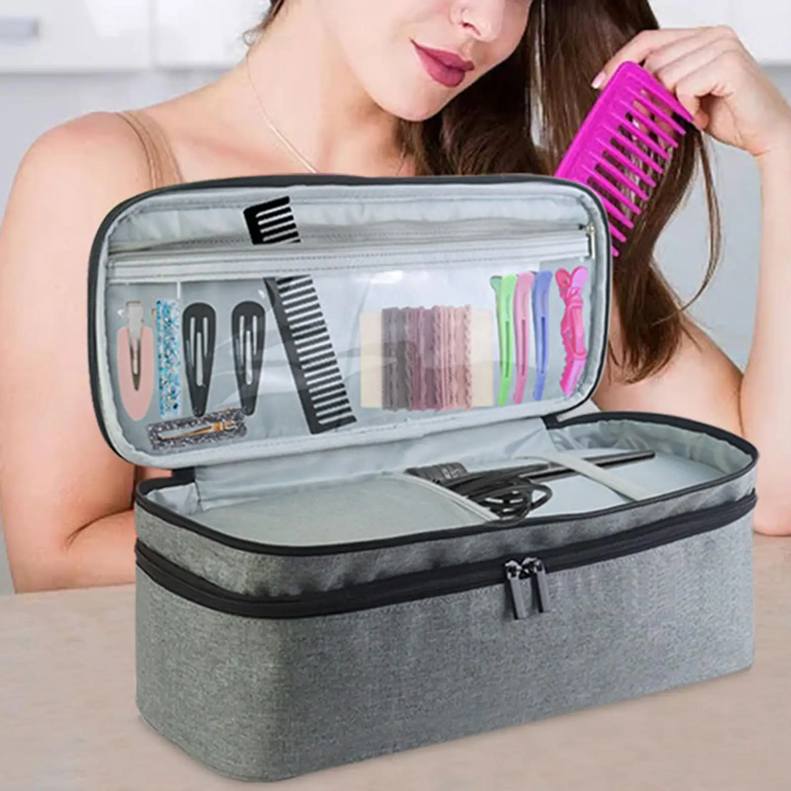 Double Layer Hair Dryer Storage Bag Large Makeup Case Dustproof Protection Bag with Handle for Business Trip Bathroom Home