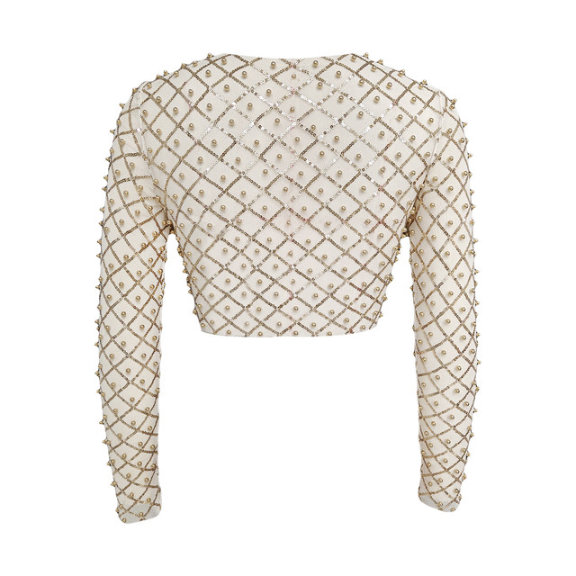 See-Through Pearls Beaded Mesh Sheer Crop Tops Women's Long Sleeve