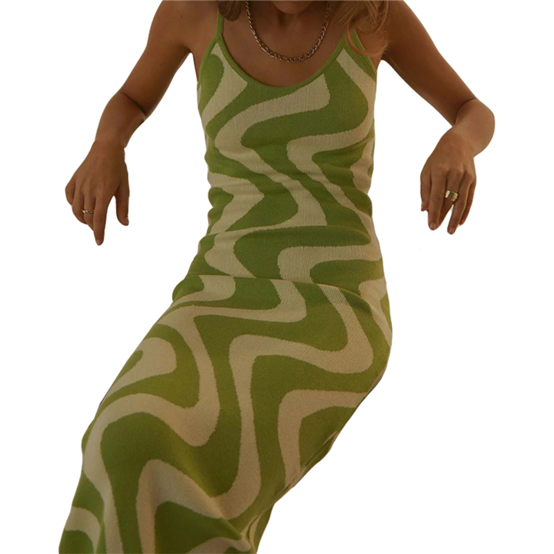 y2k Knitted Dresses Women Geometric Print Spaghetti Strap Sleeveless Bodycon Dresses 2000s Long Night Party Dresses