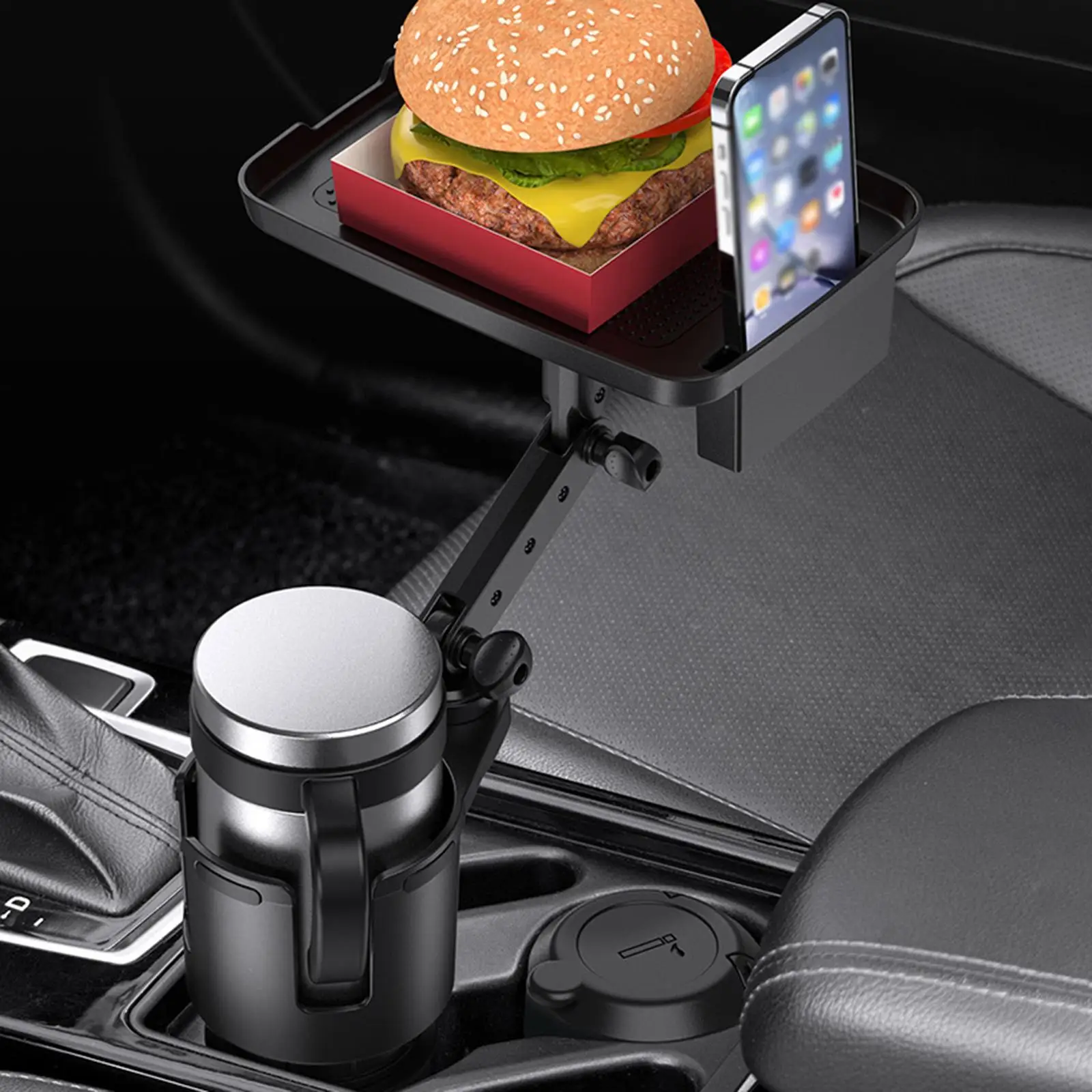 Car Cup Holder with Tray Adjustable Water Mugs Retractable Portable Black