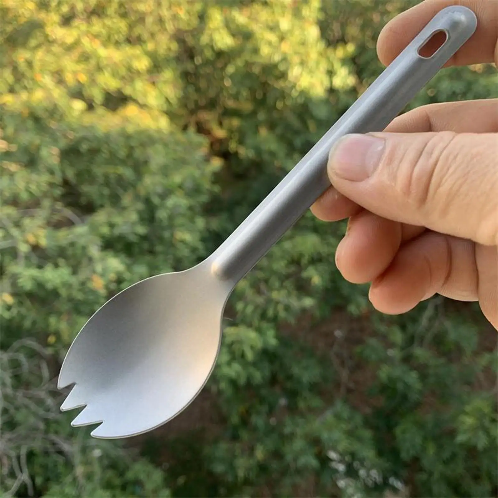 2-in-1 Titanium Long Spoon Cutlery Fork Cutter Toothed Spoon for Outdoor Camping, Backpacking,Travel
