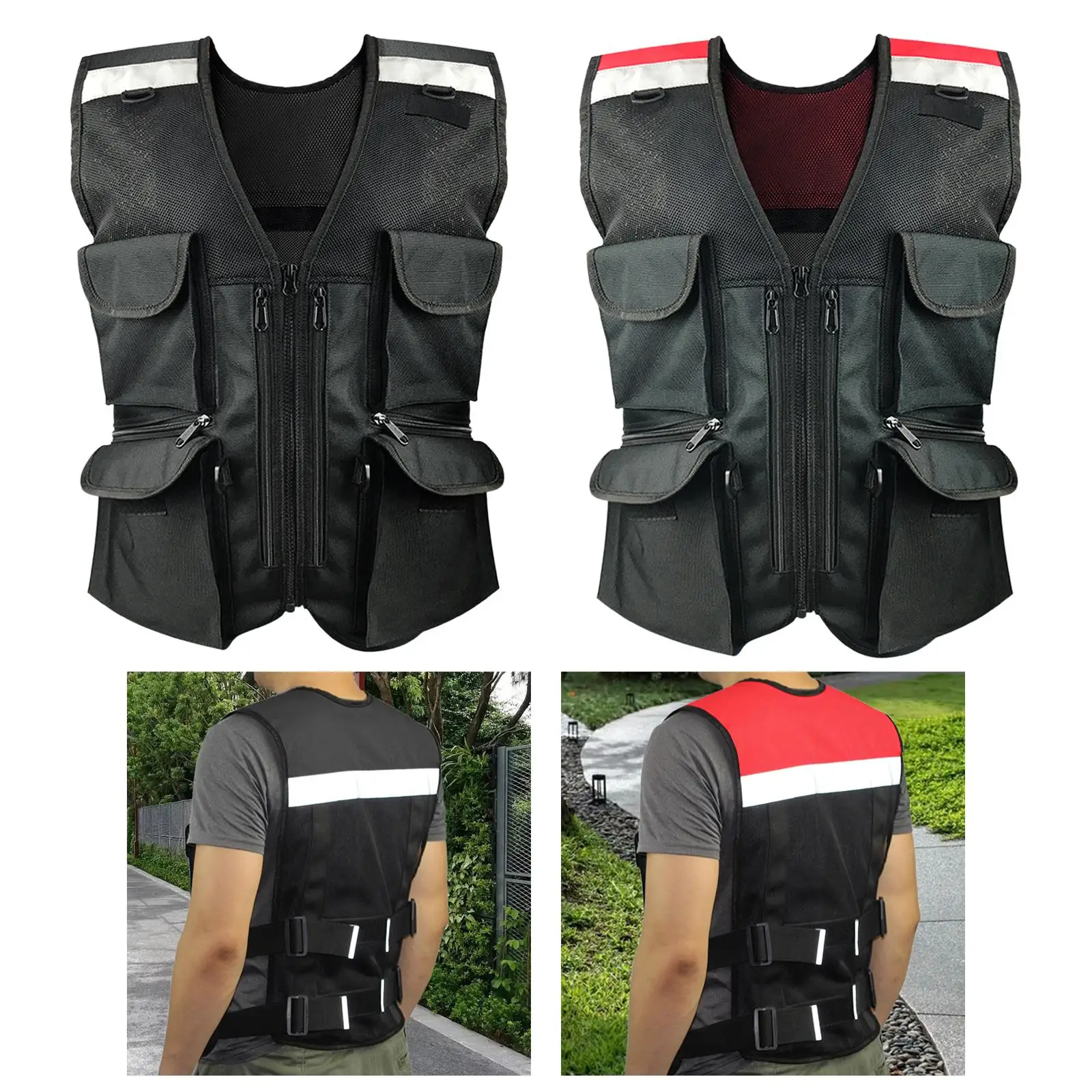 Reflective Safety Vest Multi Pockets Safety Clothing Zipper Front Construction Security Vest for Biking Night