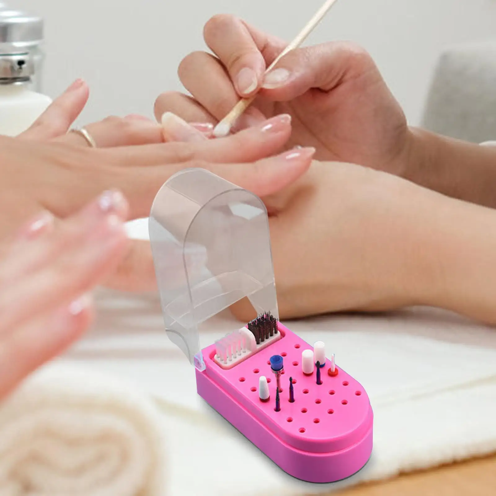 Pink Nail Drill Bit Holder Home DIY Lightweight with Cleaning Brass Wire and Soft Brushes Manicure Tool 30 Slots Container Case