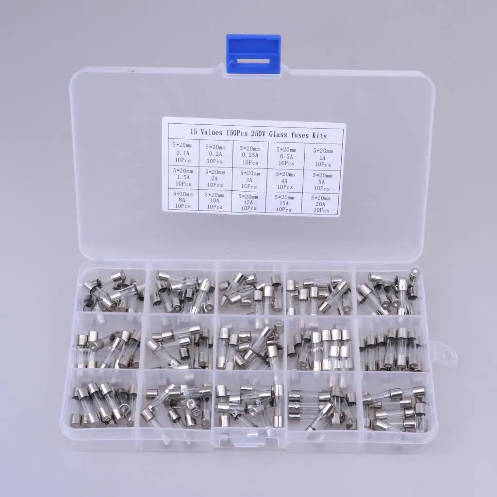 15 Values 150pcs Fast-blow Glass Fuses Assorted Kit 5x20mm With  Box