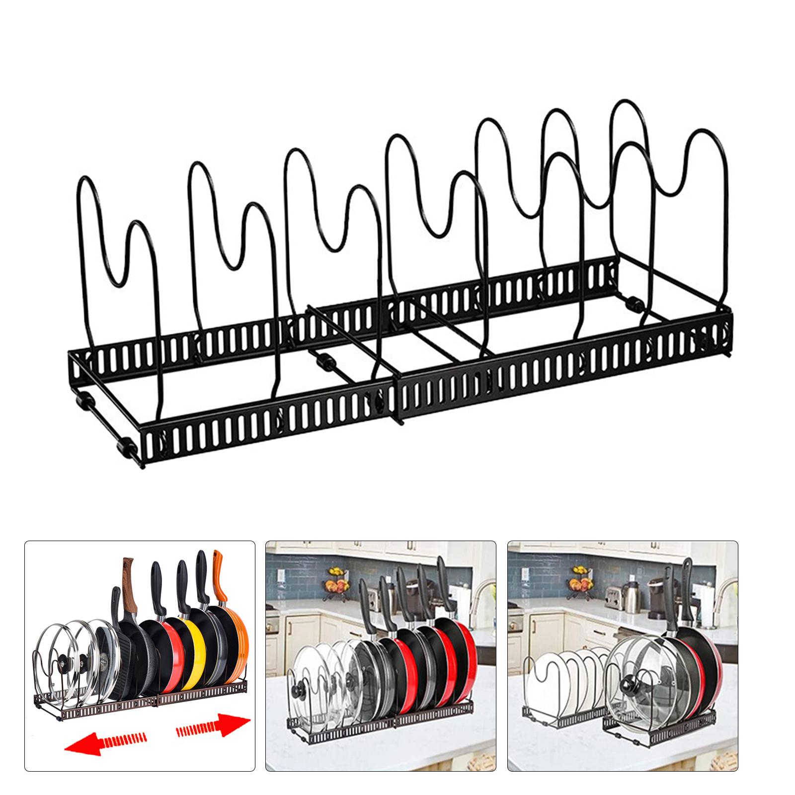 Pot Rack Cookware Adjustable with 2 DIY Methods Pan Organizer Pot Lid 7 Dividers for Kitchen Dish Skillet Cupboard Pantry