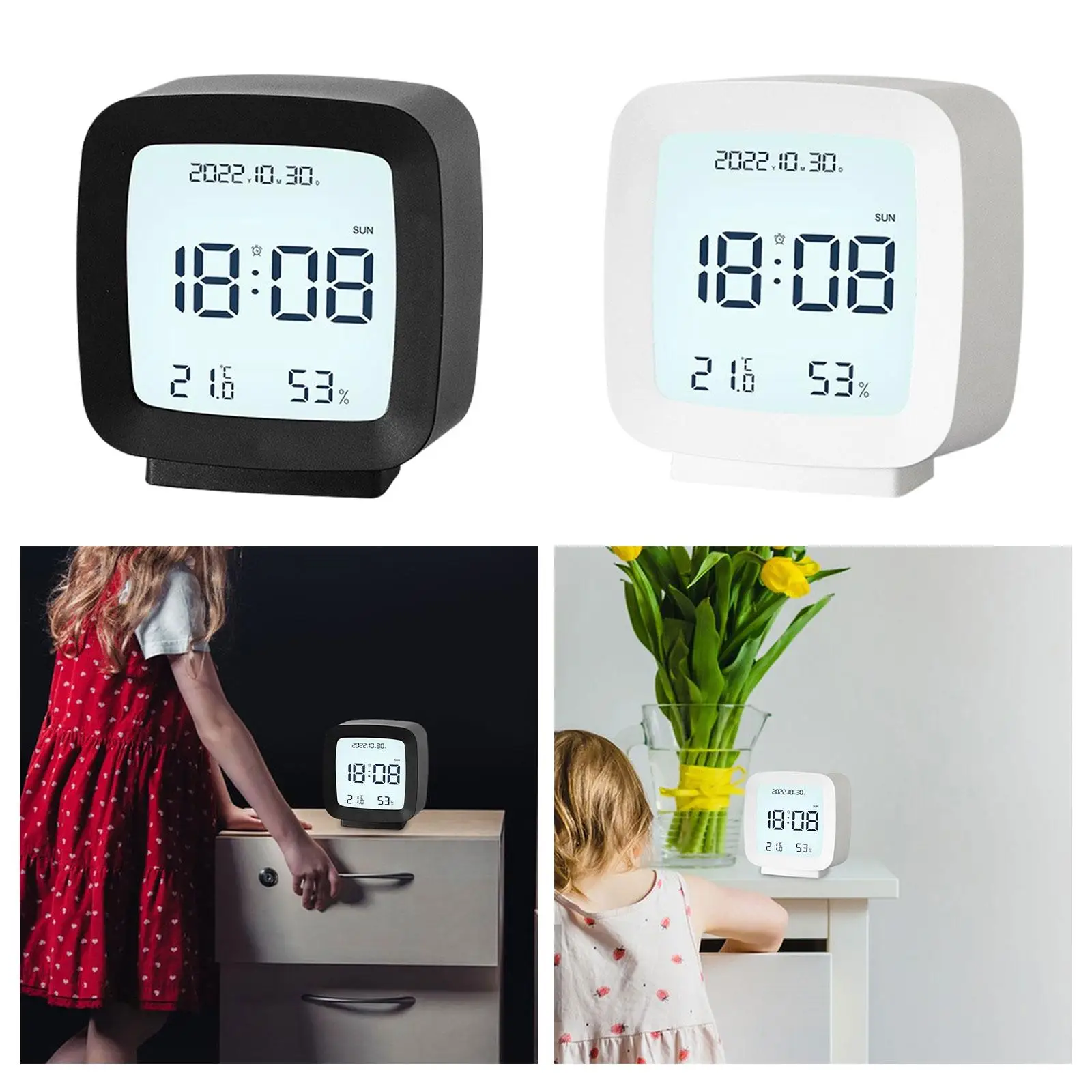 Digital Alarm Clock 12/24H Modern with Temperature and Humidity Monitor Desk Clocks for Tabletop Dining Room Cafe Kitchen