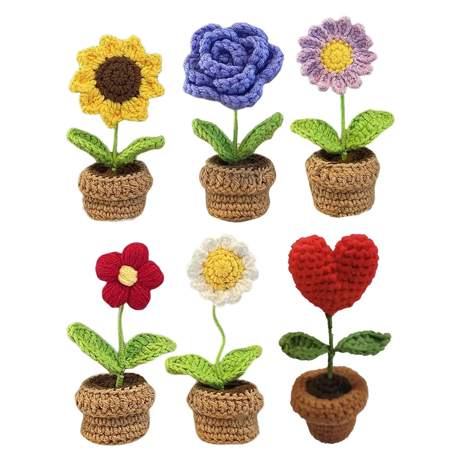 Knitting Crochet Flowers Dashboard Decoration Potted Flower for Office Home Ornaments