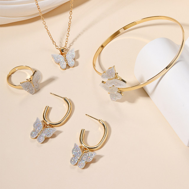 Golden Butterfly Necklace Jewelry Earrings Bracelet Ring Set