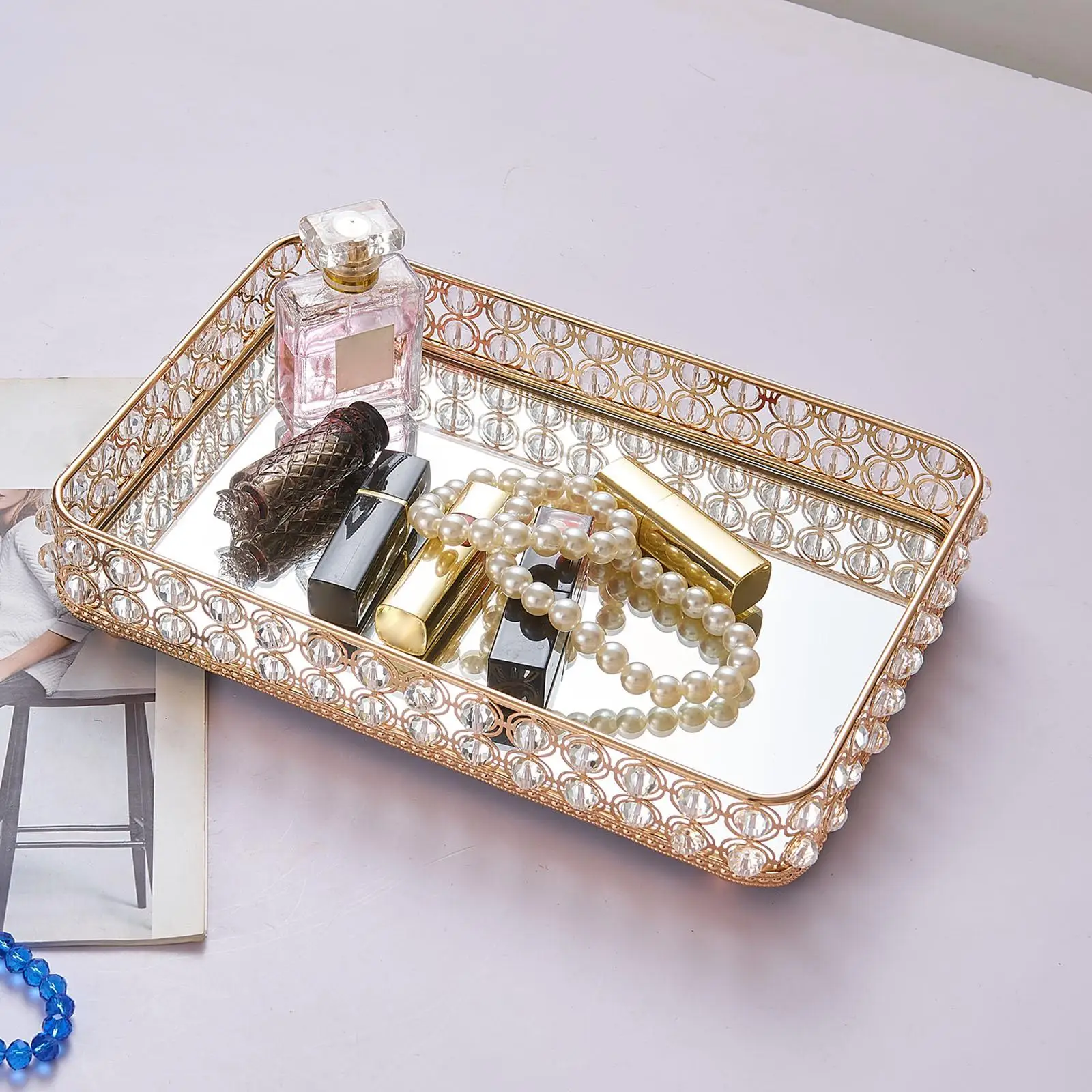 Gold Rectangular Crystal Vanity Tray Home Decorative Dresser Tray Cosmetic Makeup Tray Candle Holder Serving Storage Tray