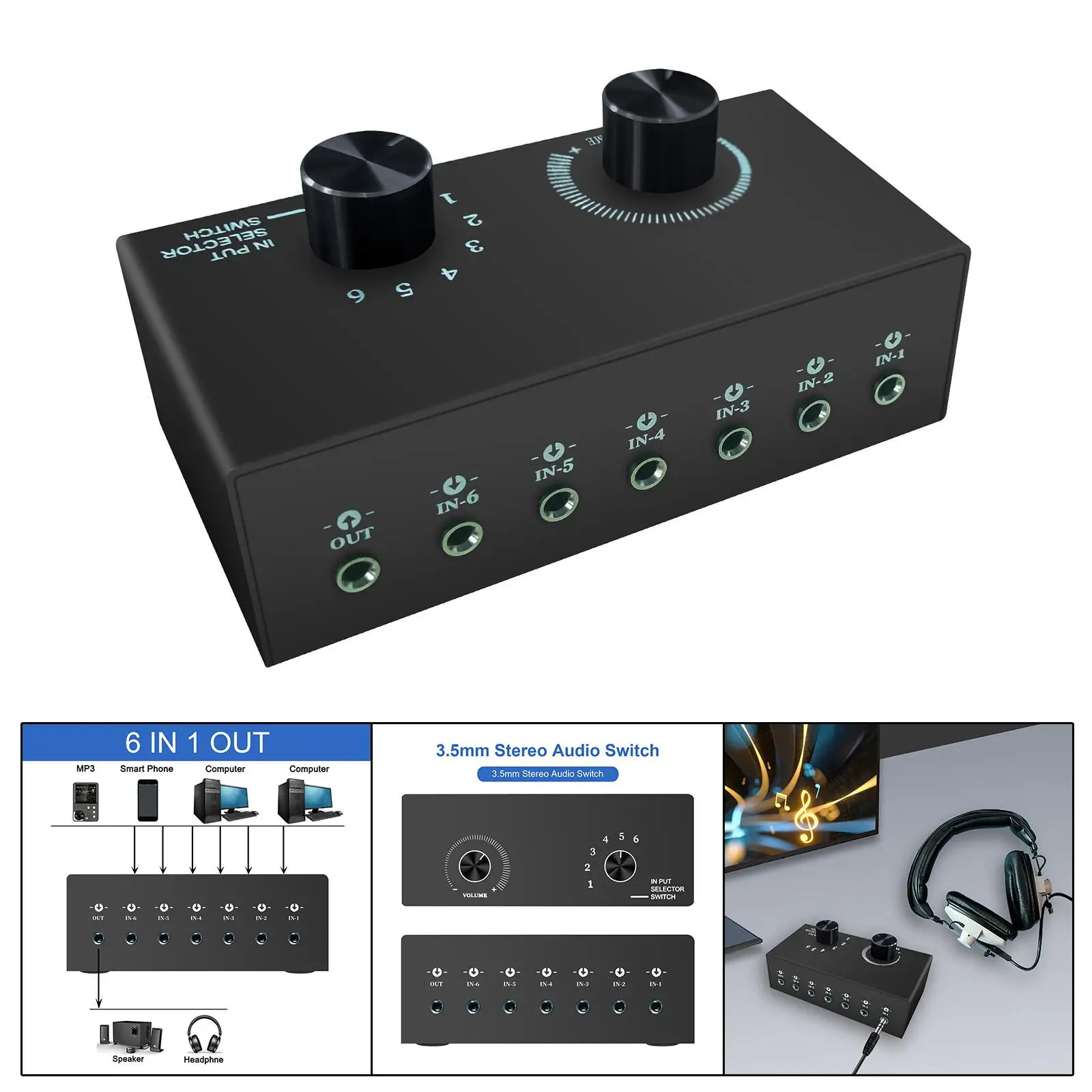 Audio Switch 6 in 1 Out Stereo AUX Audio Selector Lightweight Plug and Play Audio Switcher Box Portable for Headphone PC Phone