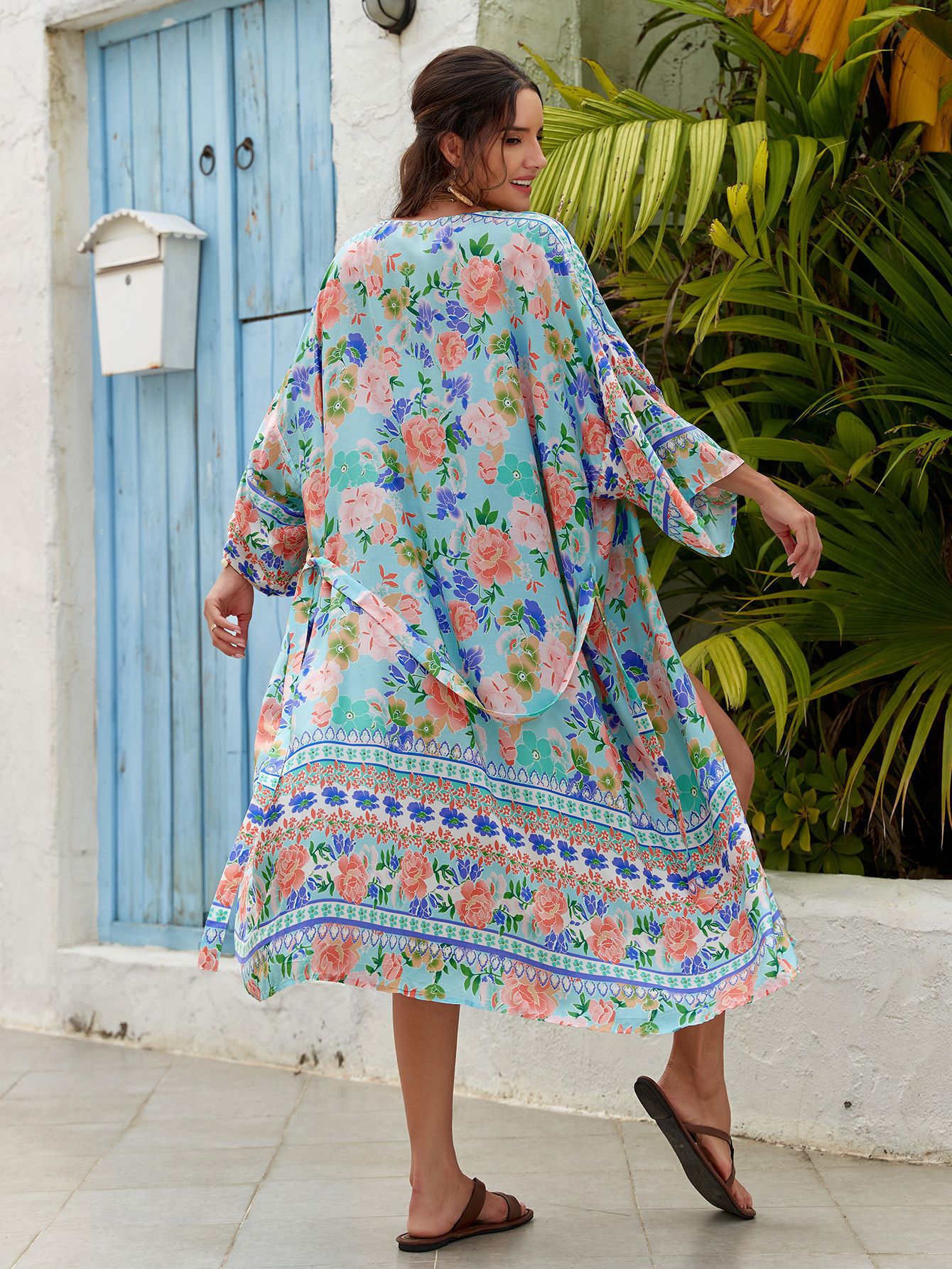 Teelynn Strand vertuschen Boho Blumen druck Langarm Kimono Frauen Kleid Vintage Baumwolle Rayon Sommer Bikini Vertuschungen Vestidos – Detail 20