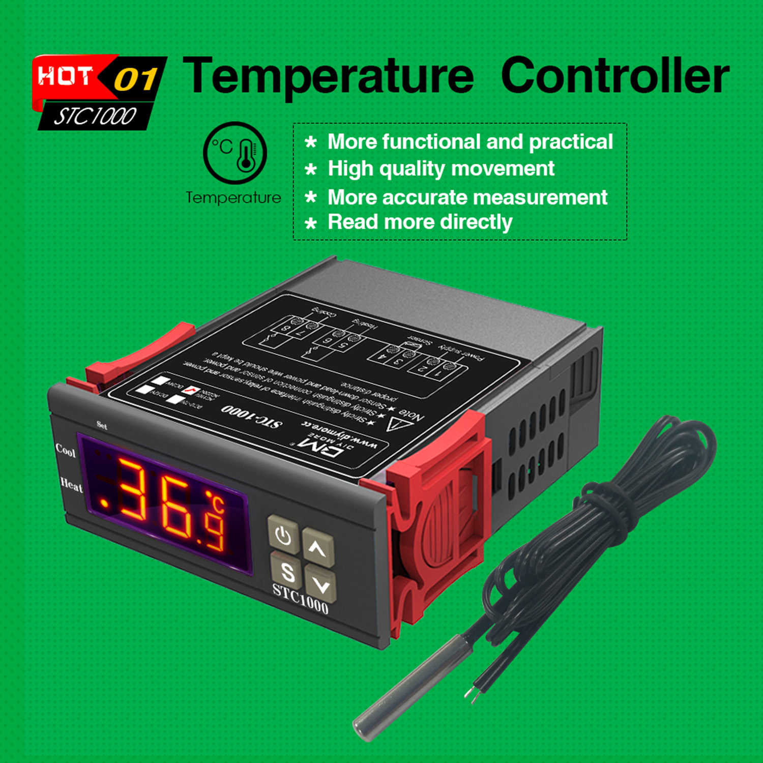 STC1000 LED Digitaler Temperaturregler AC110-220V Relais-Temperaturregler-Thermostat mit NTC-Sensor für Heizung, Gefrierschrank, Kühlschrank – Detail 3