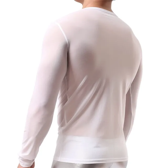 White Mesh See through Fishnet T-shirt Men 2021 Sexy New Long