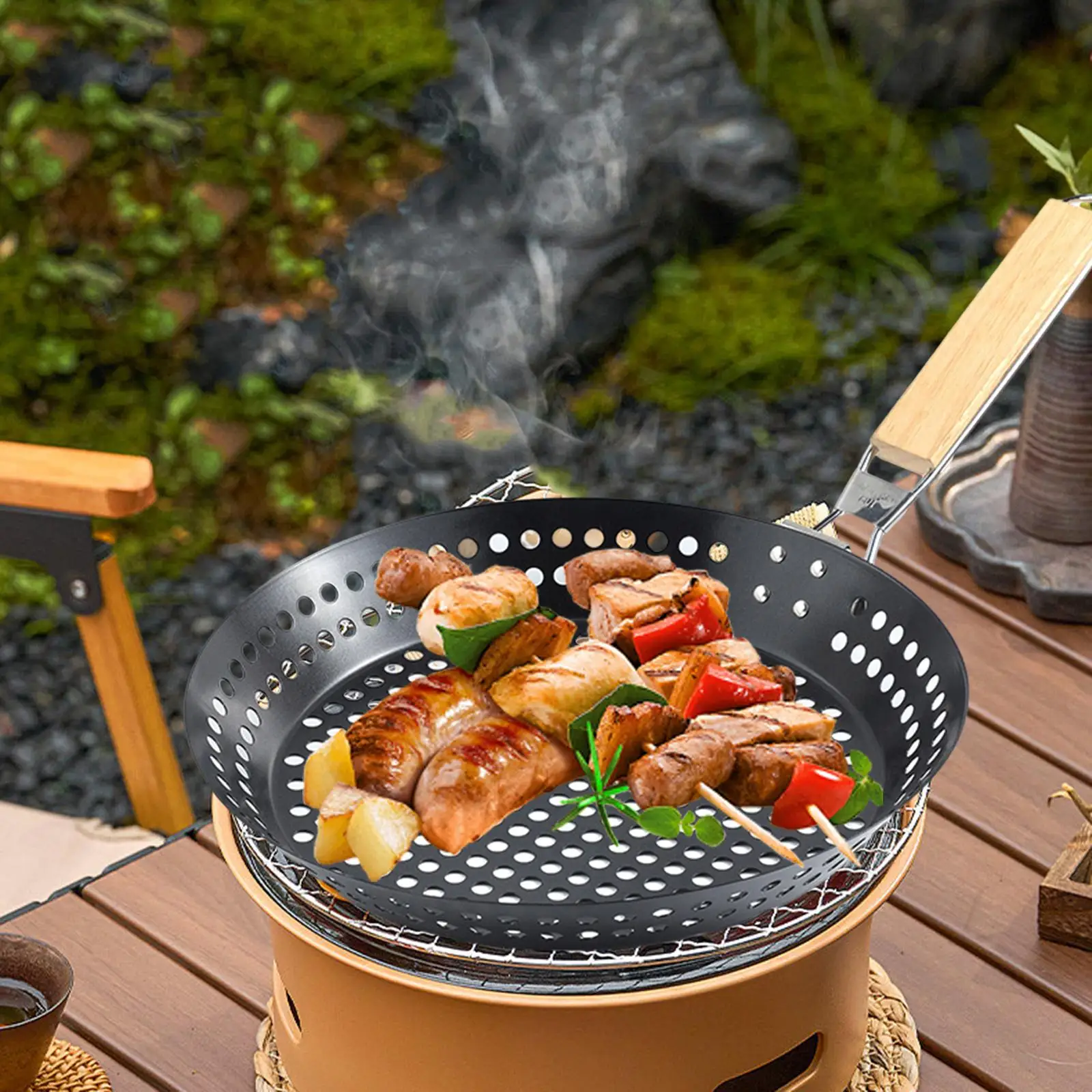 Bakeware Grill Pan Foldable Handle Perforated Pizza Tray Round BBQ Griddle for Travel Restaurant Outdoor Indoor Camping Frying