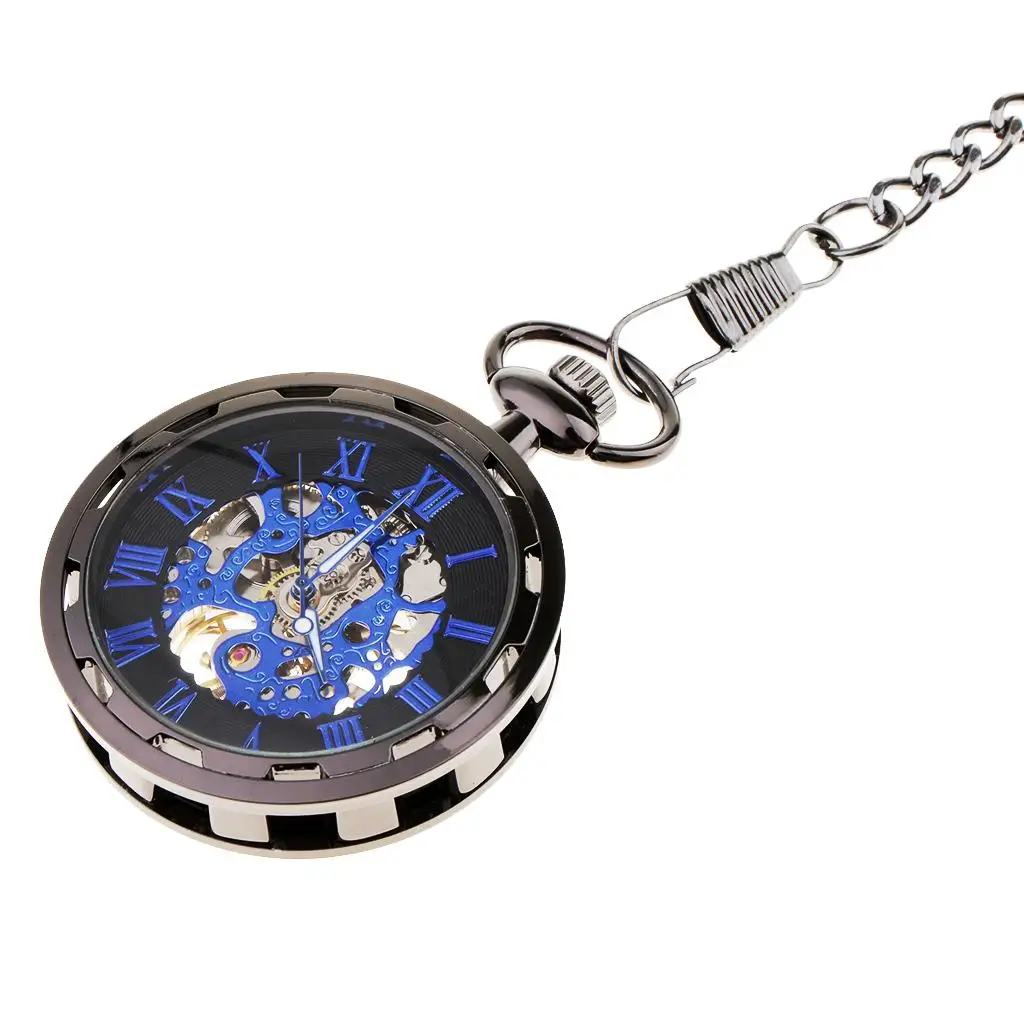 Vintage Blue Hands Steampunk Skeleton Mechanical Pocket Watch with Chain for Men Women