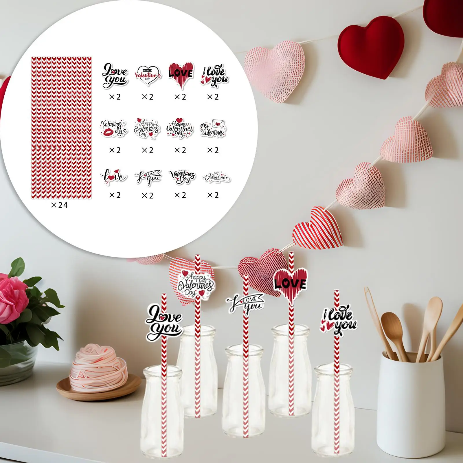 24x Valentines Day Paper Straws Party Favors Funny Novelty Valentines Day Decor for Family Engagement Wedding Events Anniversary