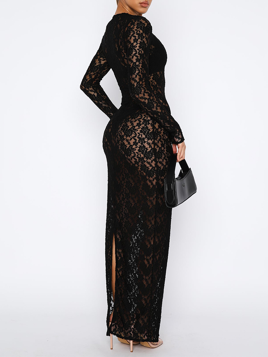 Description Picture 2 of itemWomen s Lace Long Dress Vintage Long Sleeve Round Neck Solid Color Bodycon Dress Party Gown
