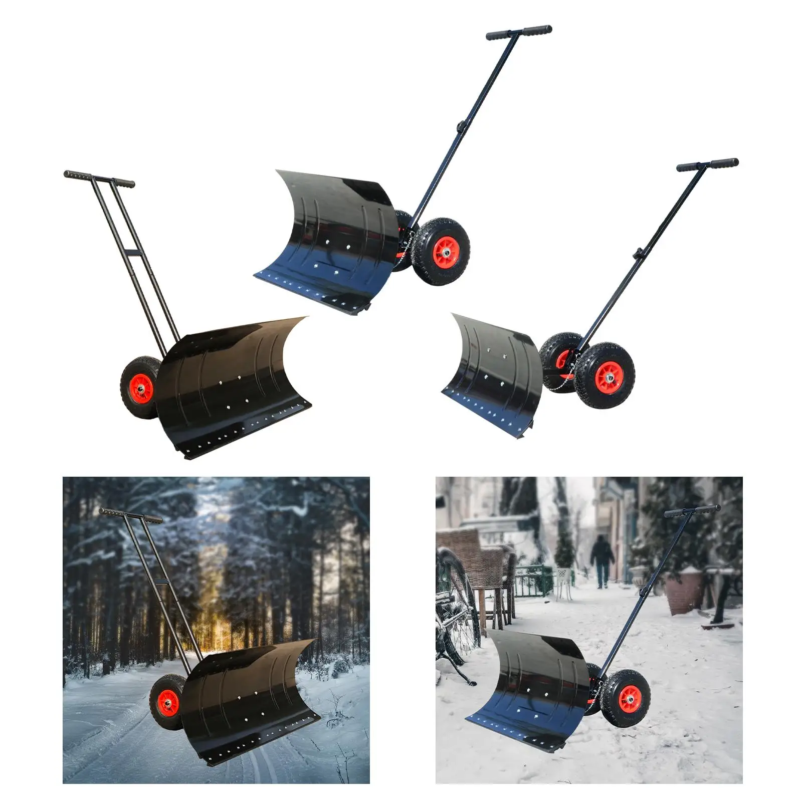Wheeled Snow Pusher Snow Plow Outdoor Sleigh Rolling Removal Tool Winter Snow