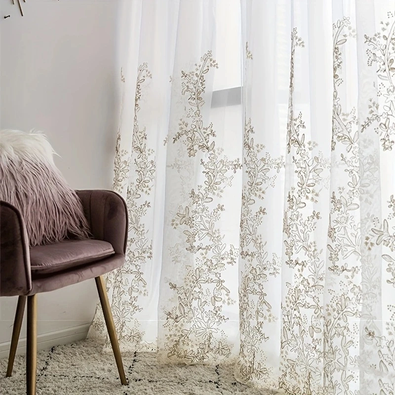 Title 4, 1pc Luxury Gold Thread Embroidery Sheer Curtain...