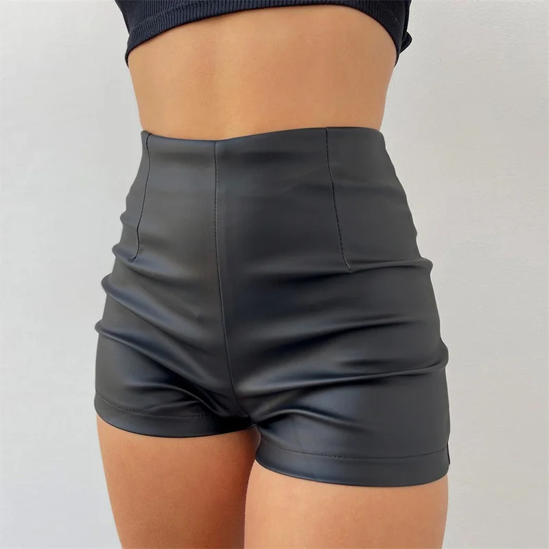 versace jeans couture Women's Summer Sexy PU Leather Shorts Black Elastic Band High Waist Skinny Clubwear Shorts 2022 Streetwear soffe shorts