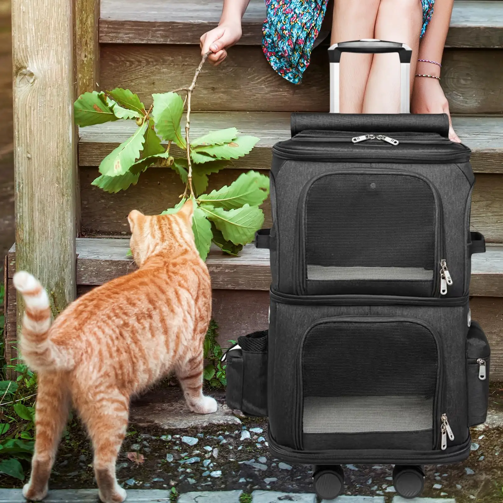 Cat Trolley Case Bag Pet Rolling Carrier Travel Tote with for
