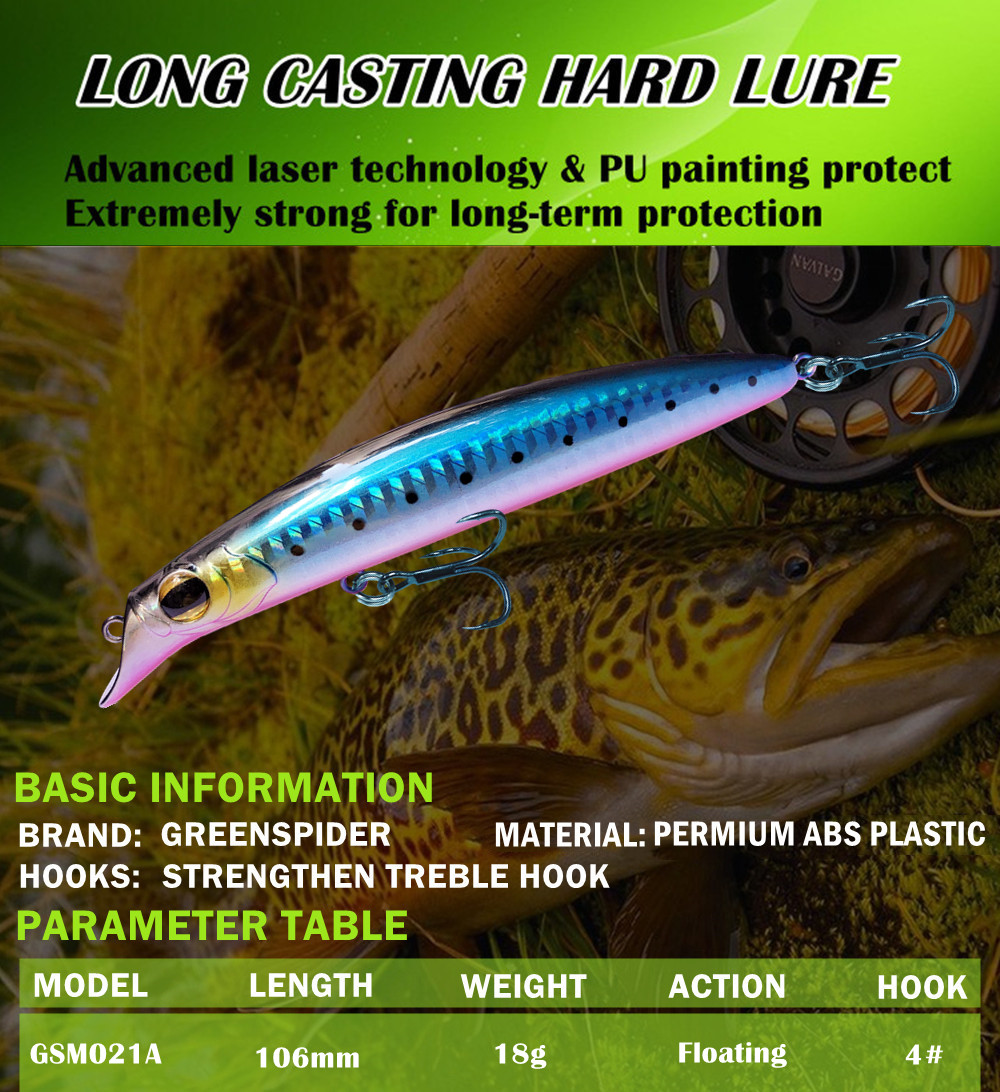 GREENSPIDER NEUE Wobbler 106 mm 18 g schwimmender harter Köder Minnow Kurbel Angelköder Wolfsbarsch Frisches Salzwasser – Detail 2