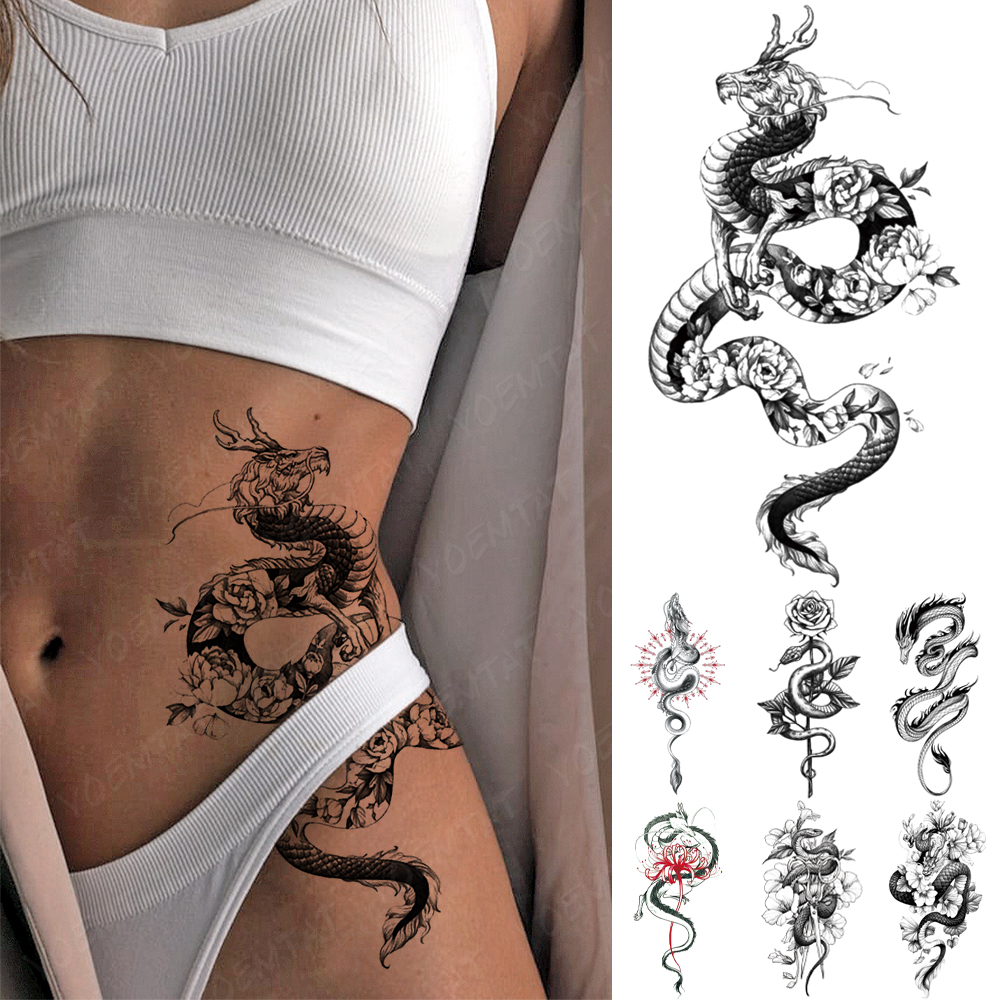 Best of Waterproof Temporary Tattoo Sticker Black Dragon Snake Peony Rose Totem Flash Tatto Women Men Dark Sexy Waist Arm Fake Tattoos Reviews & Tips