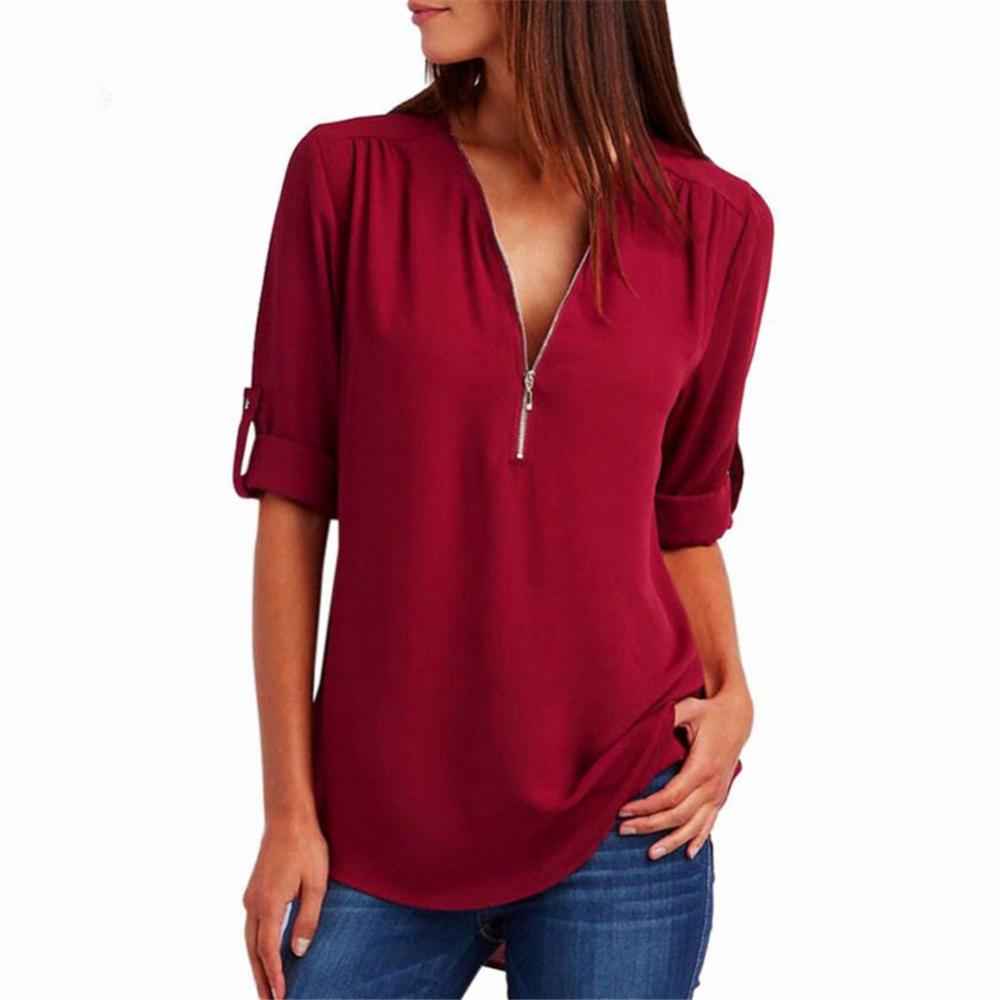 Title 18, Casual Office Lady Blouses Sexy Solid Color Zip...